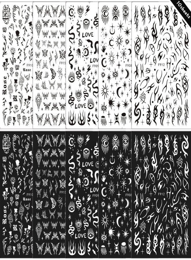 LRKNNO 10 Sheets Gothic Nail Stickers 3D Self-Adhesive Snake Nail Art Stickers Black White Rose Flower Eye Fishbone Star Moon Design Nail Art Decorations Butterfly Nail Decals for Women Acrylic Nail Supplies - Image 2